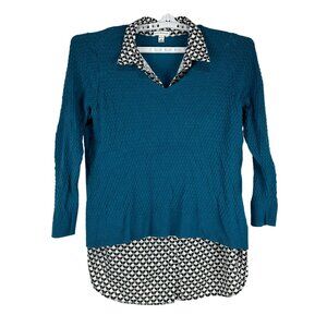 Croft and Barrow Woman 2X Blue Sweater w/ Black, White Patterned Collar and Hem